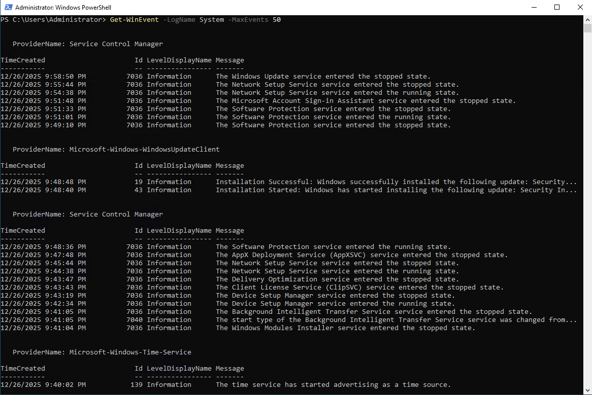 Recent system events output